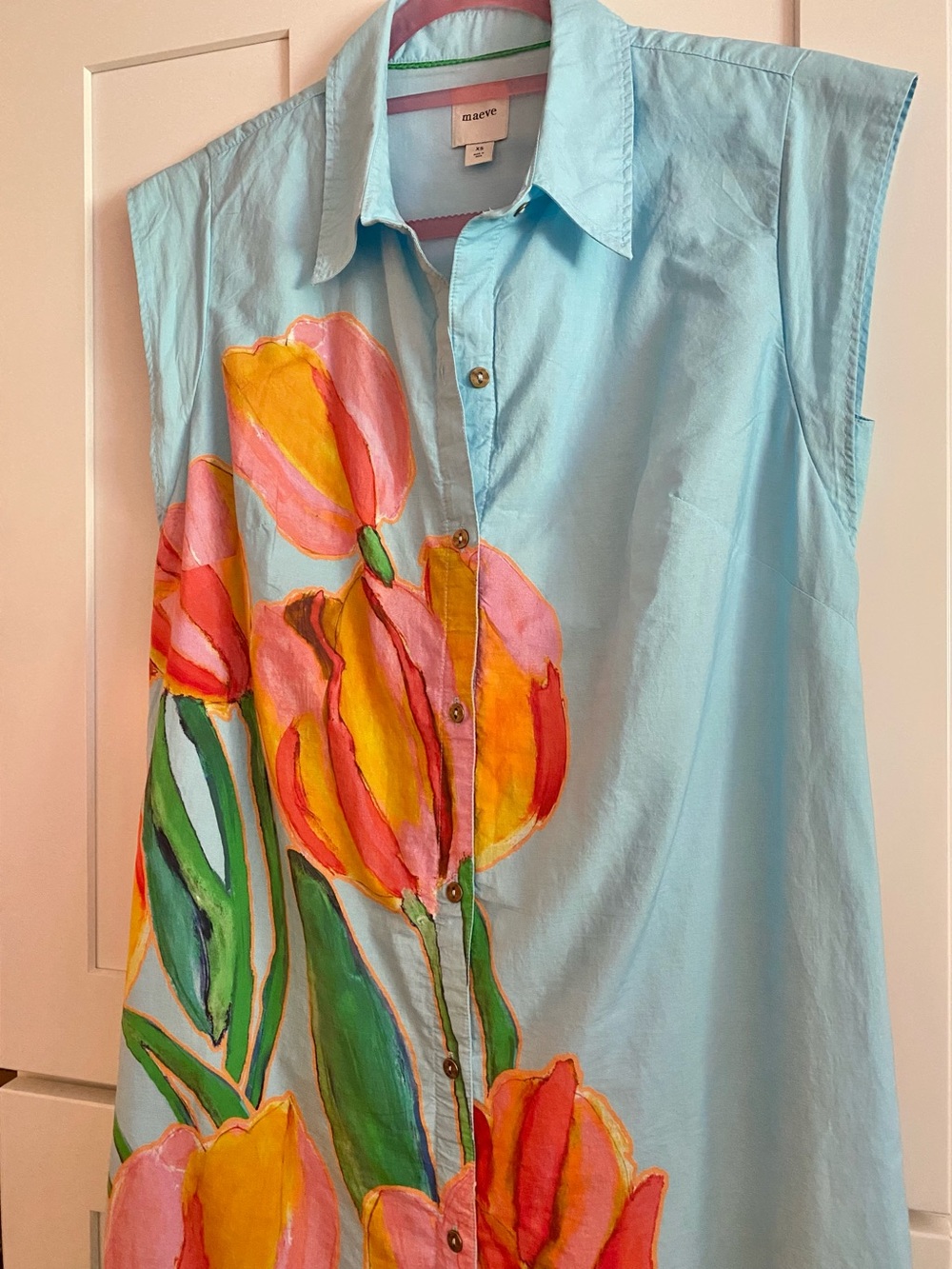 Maeve Anthropologie Sky Blue Tulip Print Sleeveless button down dress